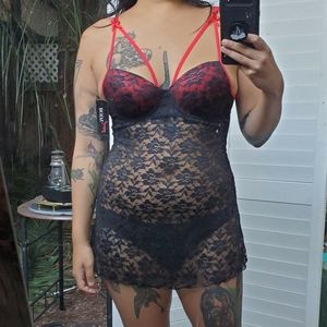 NWT Body Jewels red and black lace lingerie slip